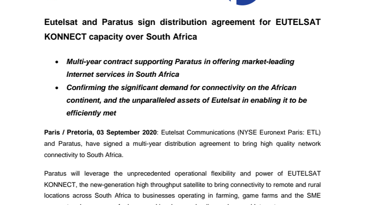 Eutelsat and Paratus sign distribution agreement for EUTELSAT KONNECT capacity over South Africa