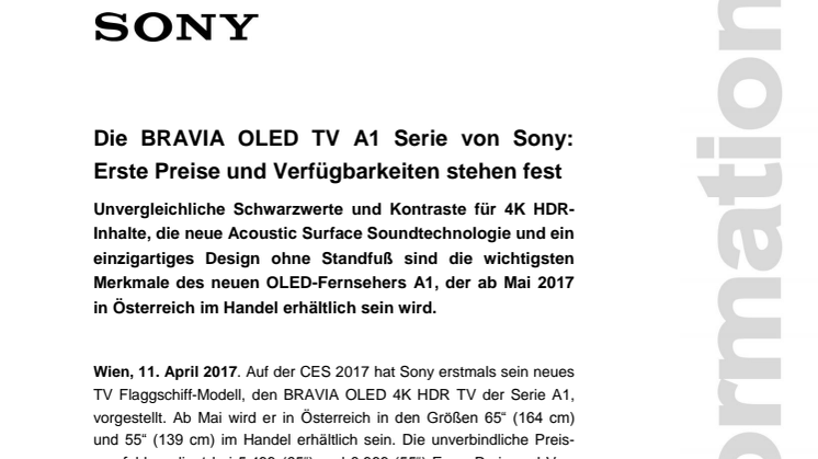Die BRAVIA OLED TV A1 Serie von Sony: Erste Preise und Verfügbarkeiten stehen fest