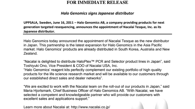 Halo Genomics signs Japanese distributor