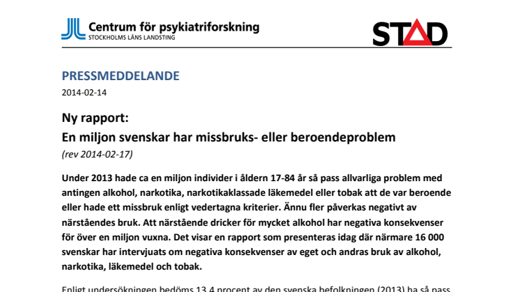 Ny rapport: En miljon svenskar har missbruks- eller beroendeproblem (rev 2014-02-17)