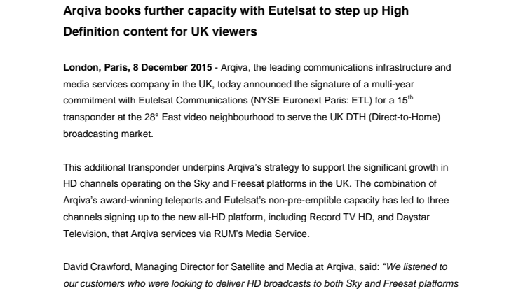 Arqiva books further capacity with Eutelsat to step up High Definition content for UK viewers 