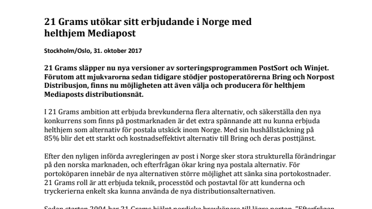 21 Grams utökar sitt erbjudande i Norge med  helthjem Mediapost