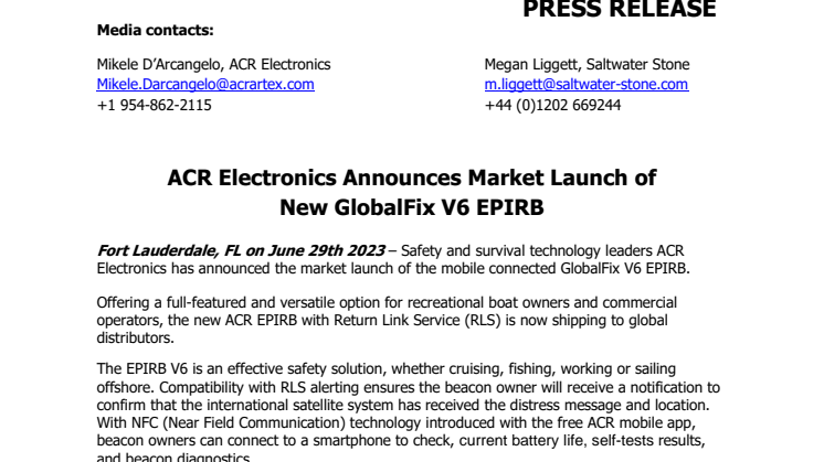June 29_ ACR Electronics Announces Market Launch of New GlobalFix V6 EPIRB.pdf