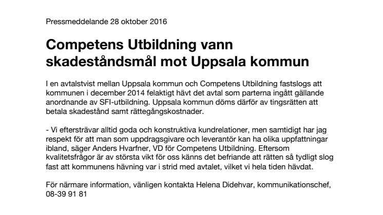 Competens Utbildning vann skadeståndsmål mot Uppsala kommun