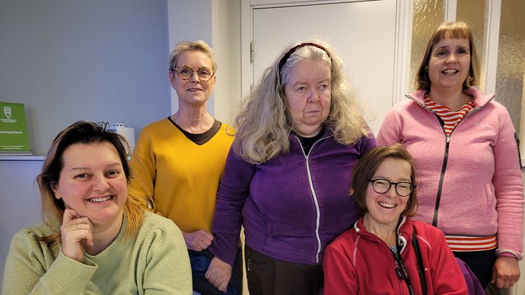 I projektet Mötas och Må bra medverkar seniorexperter som själva representerar målgruppen. Elisabeth Ingvarsson, cirkelledare, Karin Heggby, Aleksandra Oppenlander, Ramona Cseh och Sofia Wallerfors.