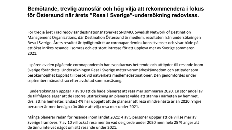 Bemötande, trevlig atmosfär och hög vilja att rekommendera i fokus för Östersund när årets    ”Resa i Sverige”-undersökning redovisas