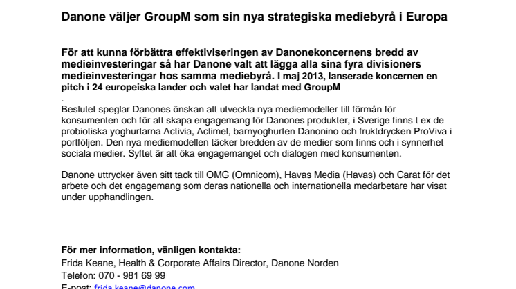Danone väljer GroupM som sin nya strategiska mediebyrå i Europa 