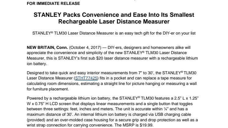 STANLEY Packs Convenience and Ease Into Its Smallest Rechargeable Laser Distance Measurer 