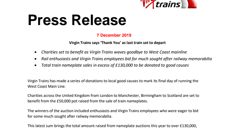 Virgin Trains says ‘Thank You’ as last train set to depart