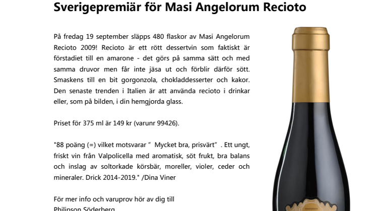 Sverigepremiär för Masi Angelorum Recioto