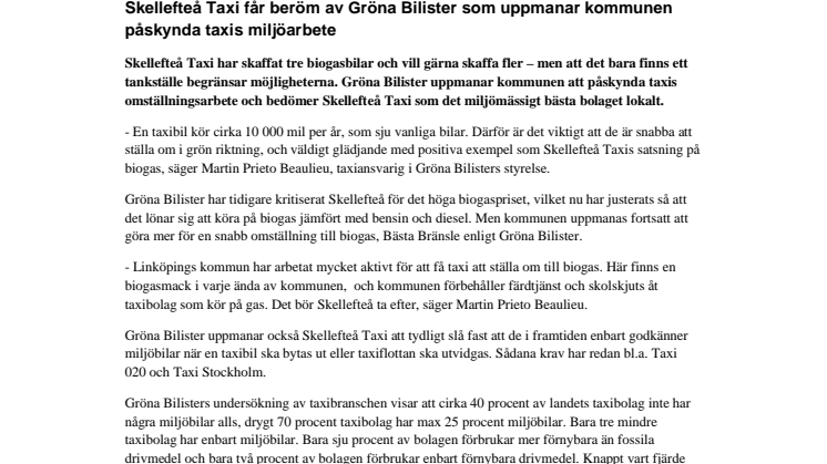 Skellefteå Taxi får beröm av Gröna Bilister som uppmanar kommunen påskynda taxis miljöarbete