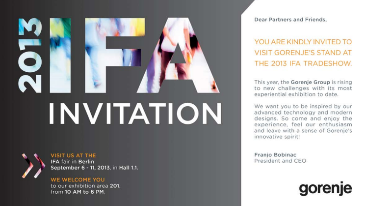 You are kindly invited to visit Gorenje’s stand at the 2013 IFA tradeshow