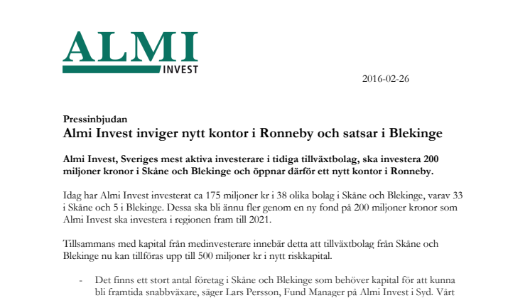 Pressinbjudan: Almi Invest inviger nytt kontor i Ronneby och satsar i Blekinge