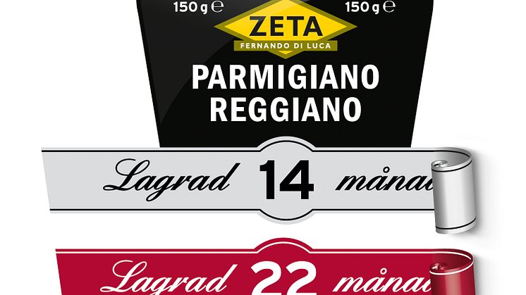 Zeta Parmigiano Reggiano och Grana Padano med olika lagringstider