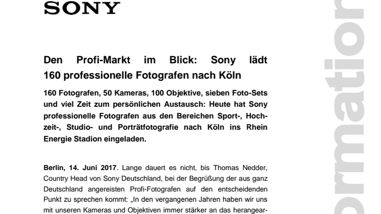 Den Profi-Markt im Blick: Sony lädt  160 professionelle Fotografen nach Köln 