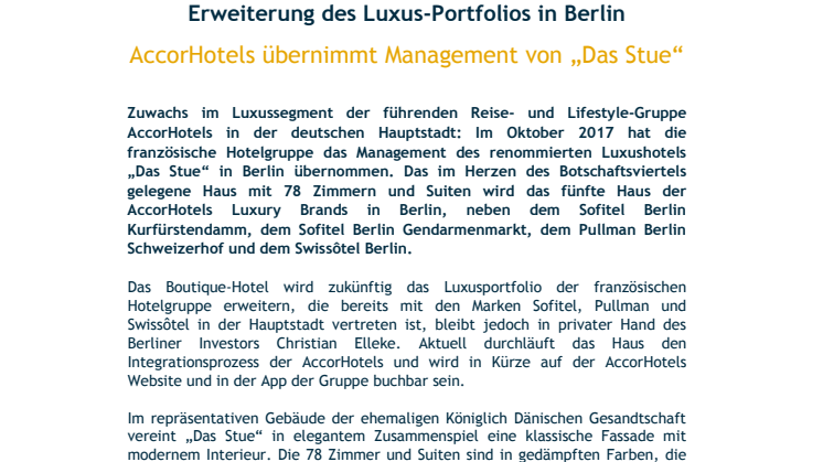 Erweiterung des Luxus-Portfolios in Berlin: AccorHotels übernimmt Management von „Das Stue“ 