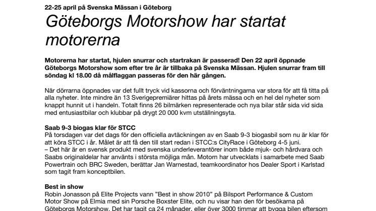 22-25 april på Svenska Mässan - Göteborgs Motorshow har startat motorerna