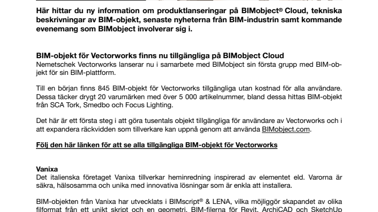 Nya BIM-objekt tillgängliga för Vectorworks, Revit, SketchUp och ArchiCAD