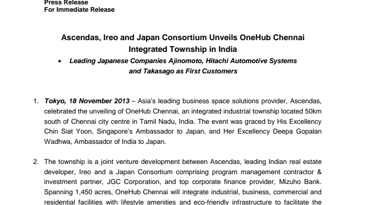 Ascendas, Ireo and Japan Consortium Unveils OneHub Chennai Integrated Township in India