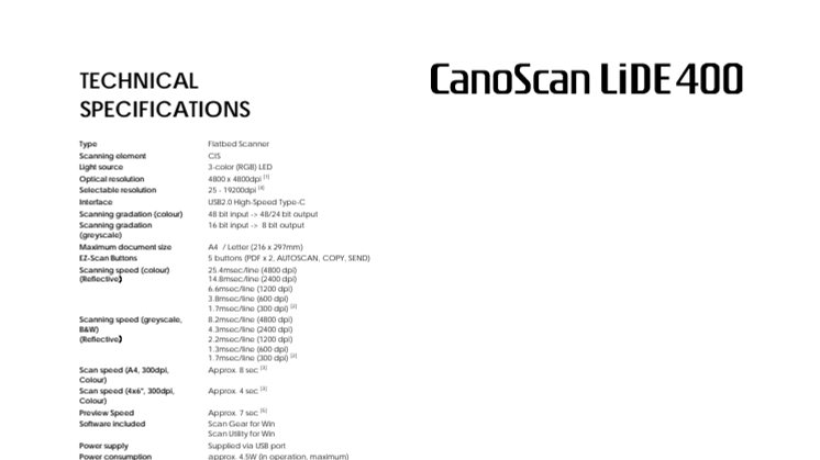 Cano Scan LiDE 400 Spec sheet