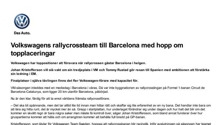 Volkswagens rallycrossteam till Barcelona med hopp om topplaceringar