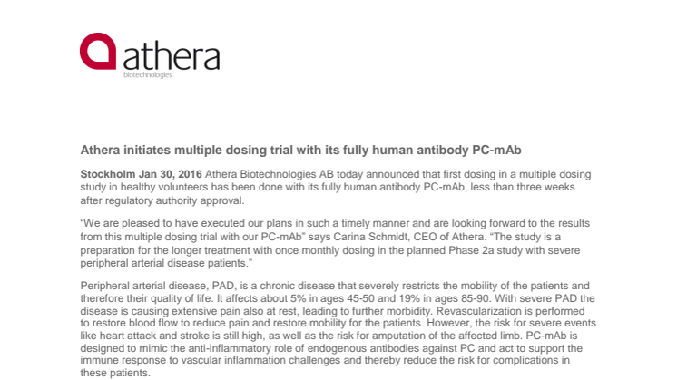 Athera initiates multiple dosing trial with its fully human antibody PC-mAb 