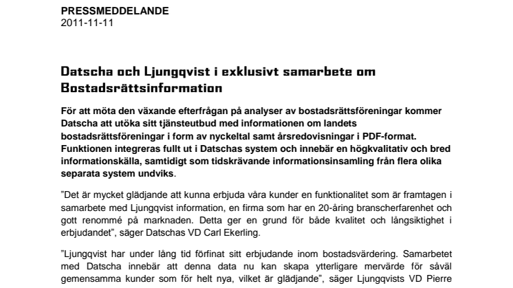 Datscha och Ljungqvist i exklusivt samarbete om Bostadsrättsinformation