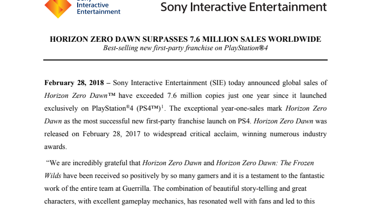 Horizon Zero Dawn har sålts i över 7,6 miljoner exemplar