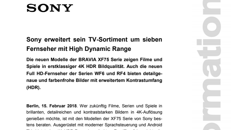 Sony erweitert sein TV-Sortiment um sieben Fernseher mit High Dynamic Range