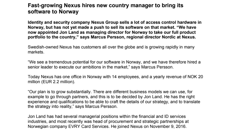 Fast-growing Nexus hires new country manager to bring its software to Norway