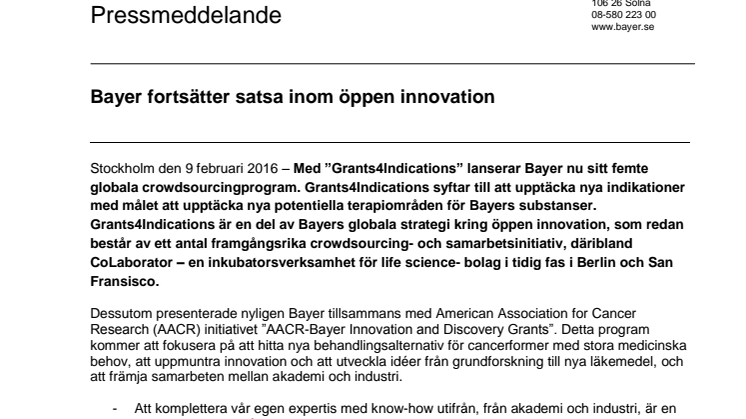 Bayer fortsätter satsa inom öppen innovation