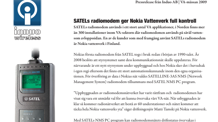 SATELs radiomodem ger Nokia Vattenverk full kontroll 