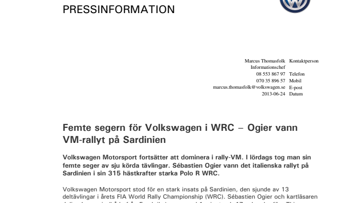Femte segern för Volkswagen i WRC – Ogier vann VM-rallyt på Sardinien 