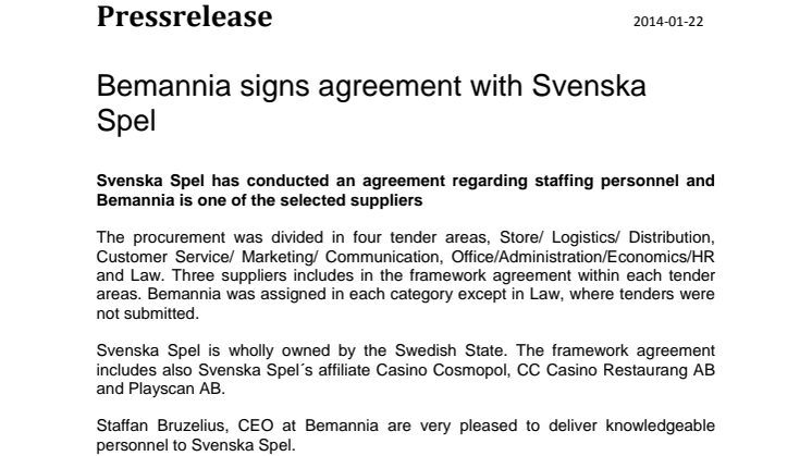 Bemannia signs agreement with Svenska Spel  