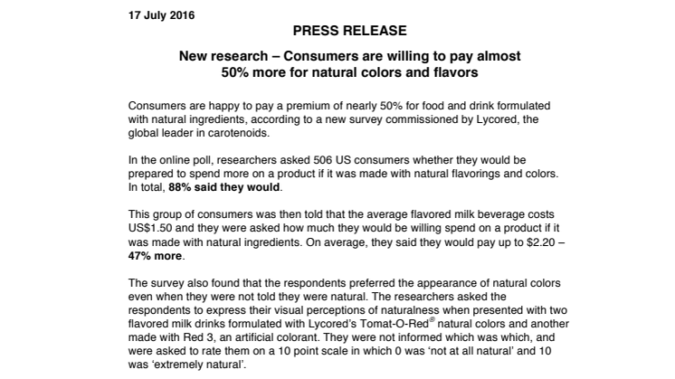 New research – Consumers are willing to pay almost  50% more for natural colors and flavors