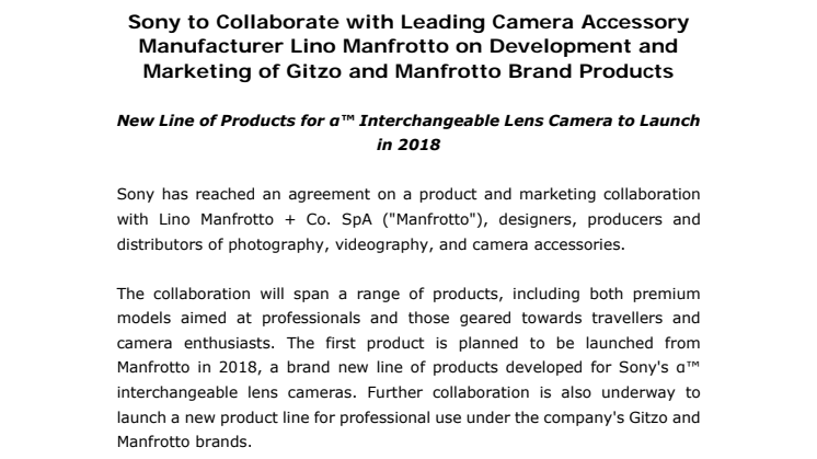 Sony indgår et samarbejde med kameratilbehør-producenten Lino Manfrotto 