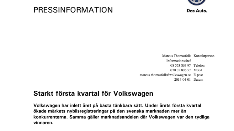 Starkt första kvartal för Volkswagen
