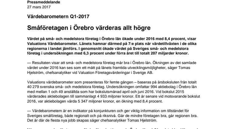 Värdebarometern Q1-2017 Örebro Län