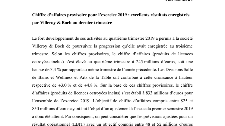 Chiffre d’affaires provisoire pour l’exercice 2019 : excellents résultats enregistrés par Villeroy & Boch au dernier trimestre