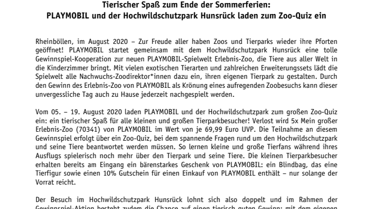 Tierischer Spaß zum Ende der Sommerferien: PLAYMOBIL und der Hochwildschutzpark Hunsrück laden zum Zoo-Quiz ein