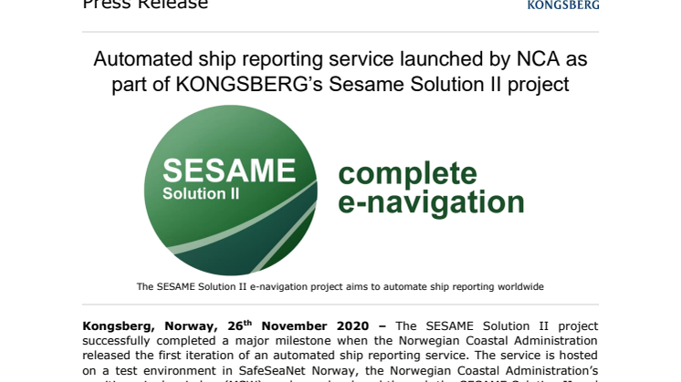 Automated ship reporting service launched by NCA as part of KONGSBERG’s Sesame Solution II project
