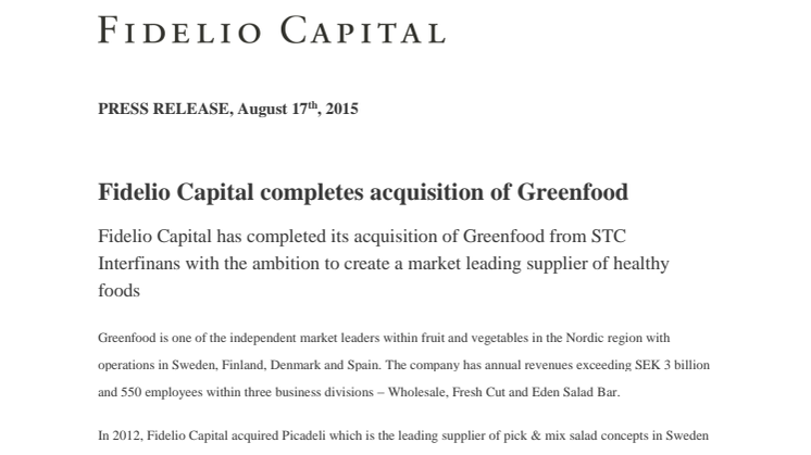 Fidelio Capital completes acquisition of Greenfood