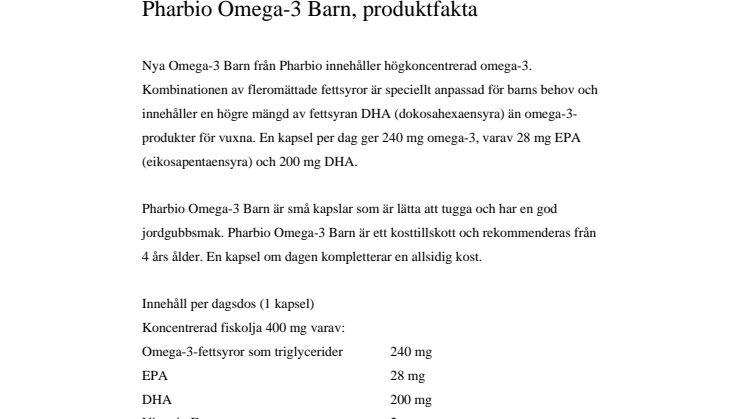 Pharbio Omega-3 Barn - produktfakta
