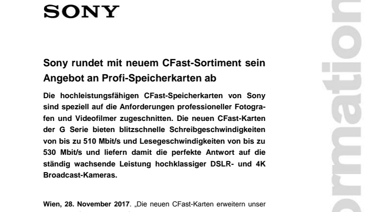 Sony rundet mit neuem CFast-Sortiment sein Angebot an Profi-Speicherkarten ab