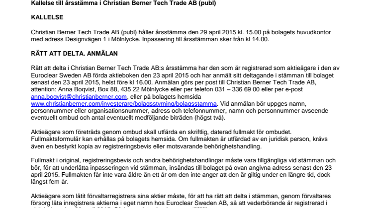 Kallelse till årsstämma i Christian Berner Tech Trade AB (publ)