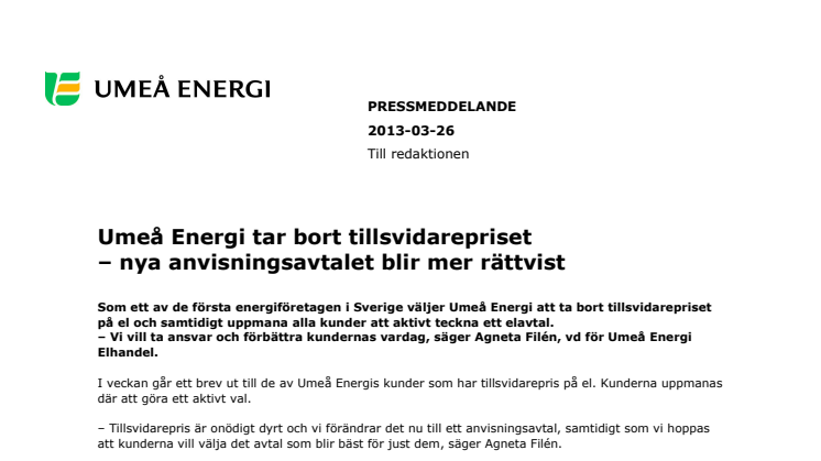 Umeå Energi tar bort tillsvidarepriset - nya anvisningsavtalet blir mer rättvist