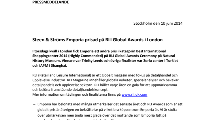 Steen & Ströms Emporia prisad på RLI Global Awards i London
