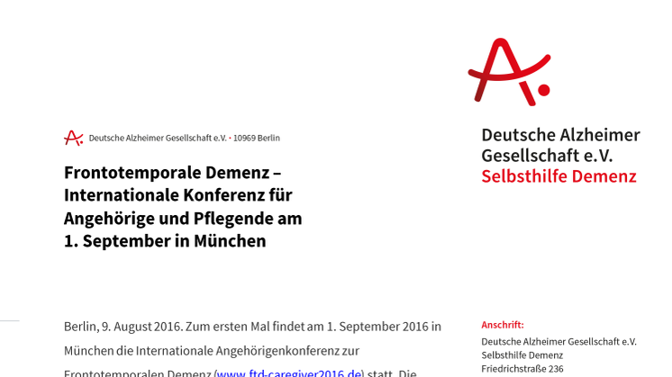 Frontotemporale Demenz – Internationale Konferenz für Angehörige und Pflegende am 1. September in München