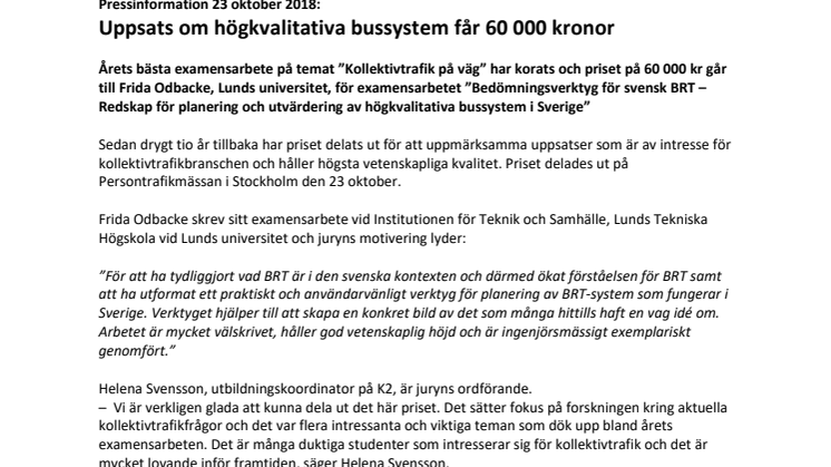 Uppsats om högkvalitativa bussystem får 60 000 kronor