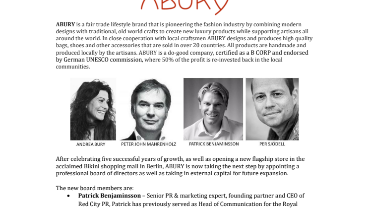 ABURY EXPANDS AND APPOINTS  NEW BOARD OF DIRECTORS